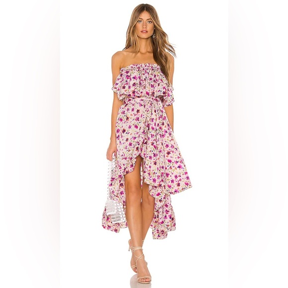 MISA Los Angeles Sabella Strapless Ruffle Tie Waist Midi Dress in Fuchsia Floral - Picture 3 of 16